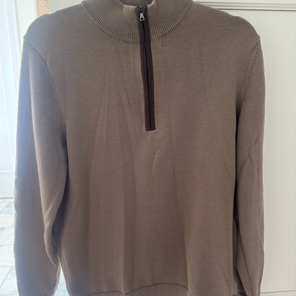 RHONE Men's Half-Zip Sweater Taupe with Dark Brown Trim